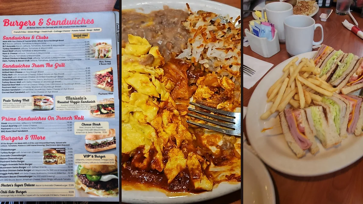 Breakfast plates on a simple restaurant table.