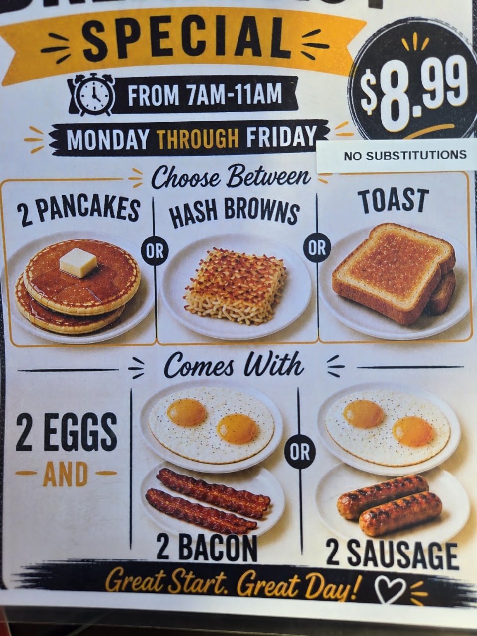 Breakfast menu with pancakes and waffles.