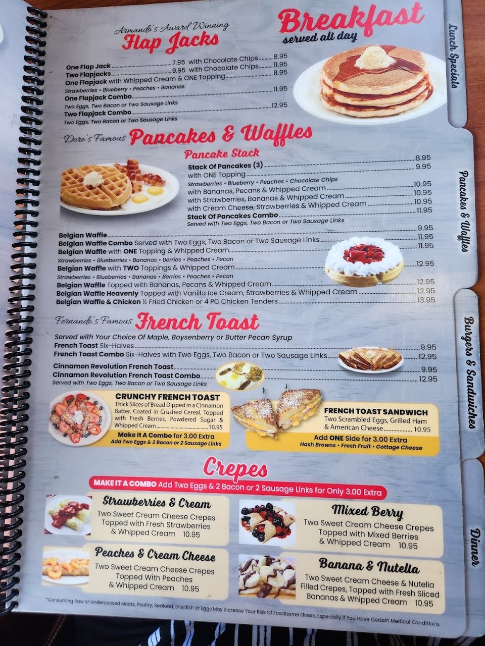 Printed menu featuring American and Mexican dishes.